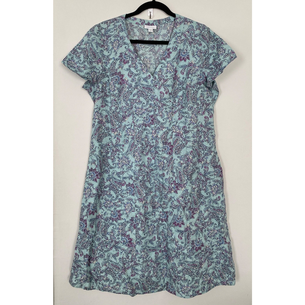 J.Jill Love Linen Womens M Tall Paisley V-Neck Dress Relaxed Fit Boho Floral